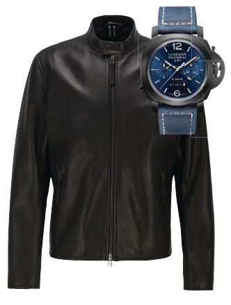“Everyone needs at least one leather jacket in their closet,” says Sovereign Brands CEO Brett Berish of his favorite Hugo Boss nappa leather go-to; Panerai’s Luminor Chrono Monopulsante is Berish’s fave timepiece. JACKET PHOTO COURTESY OF SAKS.COM; PHOTO COURTESY OF BRANDS