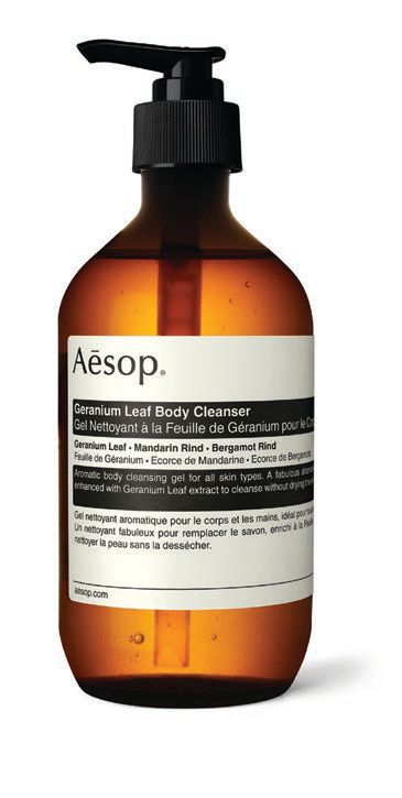 Berish considers Aesop’s Geranium Leaf body cleanser a grooming essential. PHOTO COURTESY OF BRANDS