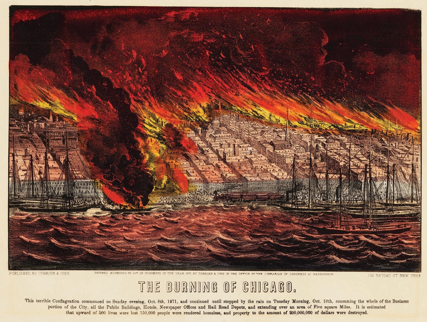 An 1871 Currier and Ives lithograph on view at the exhibition dramatically depicts the destructive path of the Great Chicago Fire. PHOTO COURTESY OF CHICAGO HISTORY MUSEUM