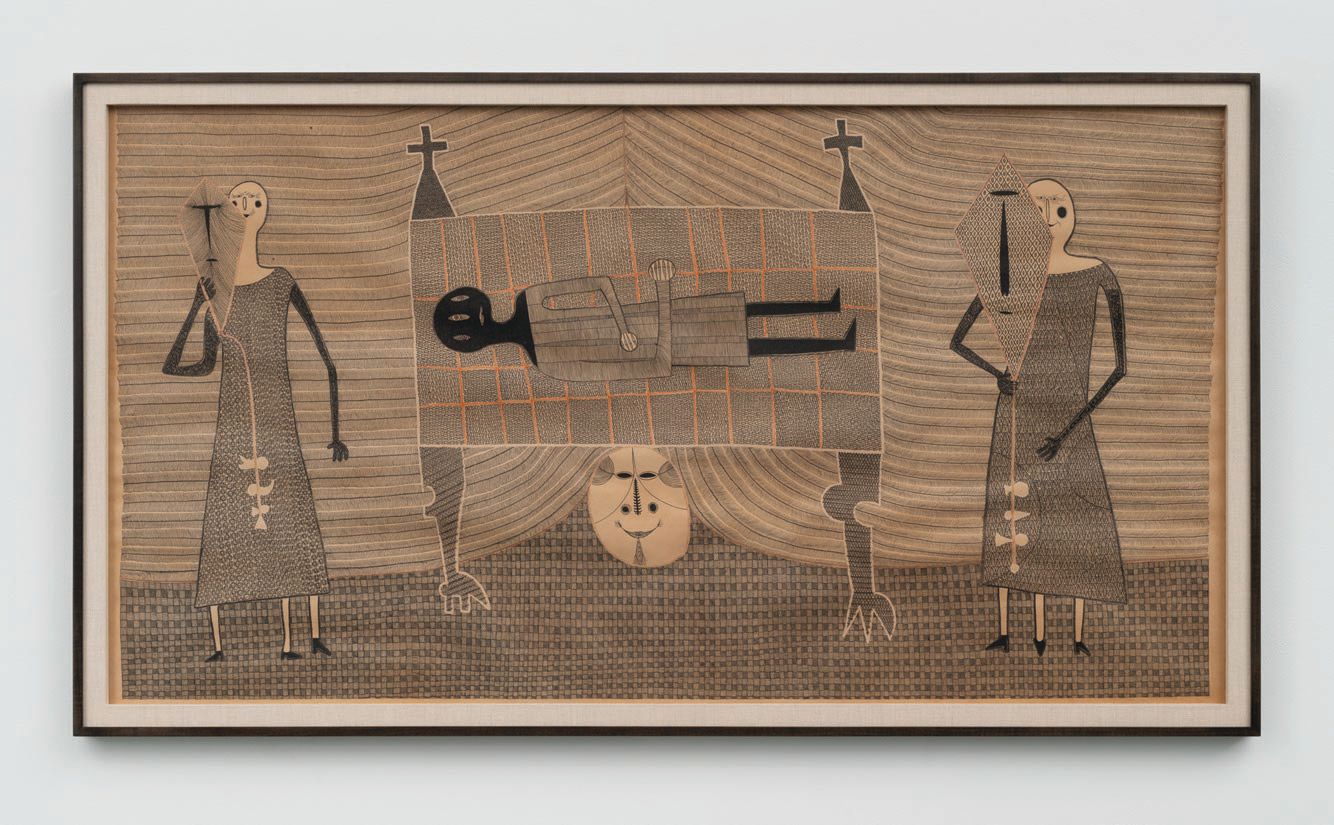 Evelyn Statsinger, “Final Burial of a Very Young Dead One” (1949, pen, India ink and crayon on paper mounted on canvas), 30 ⅜ inches by 57 inches. Opposite page: McArthur Binion, “Modern:Ancient:Brown” (1985-86, oil paint stick and paper on paper), 29 inches by 25 inches, both featured in GRAY at 60. PHOTO © THE STANLEY AND EVELYN STATSINGER COHEN FOUNDATION/COURTESY OF GRAY CHICAGO/NEW YORK