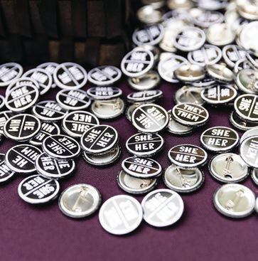 “Ahead of the wedding, we asked people to practice asking for people’s pronouns and sharing their own,” B says. They encouraged guests to pick up a pronoun pin on their way into the ceremony