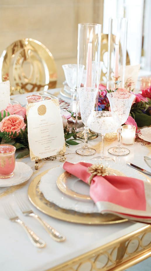 Place settings featured Arte Italica’s lace-engraved Sofia glasses and Kim Seybert dip dye napkins Photographed by Lisa Blume Photography & Lynette Boyle Photography