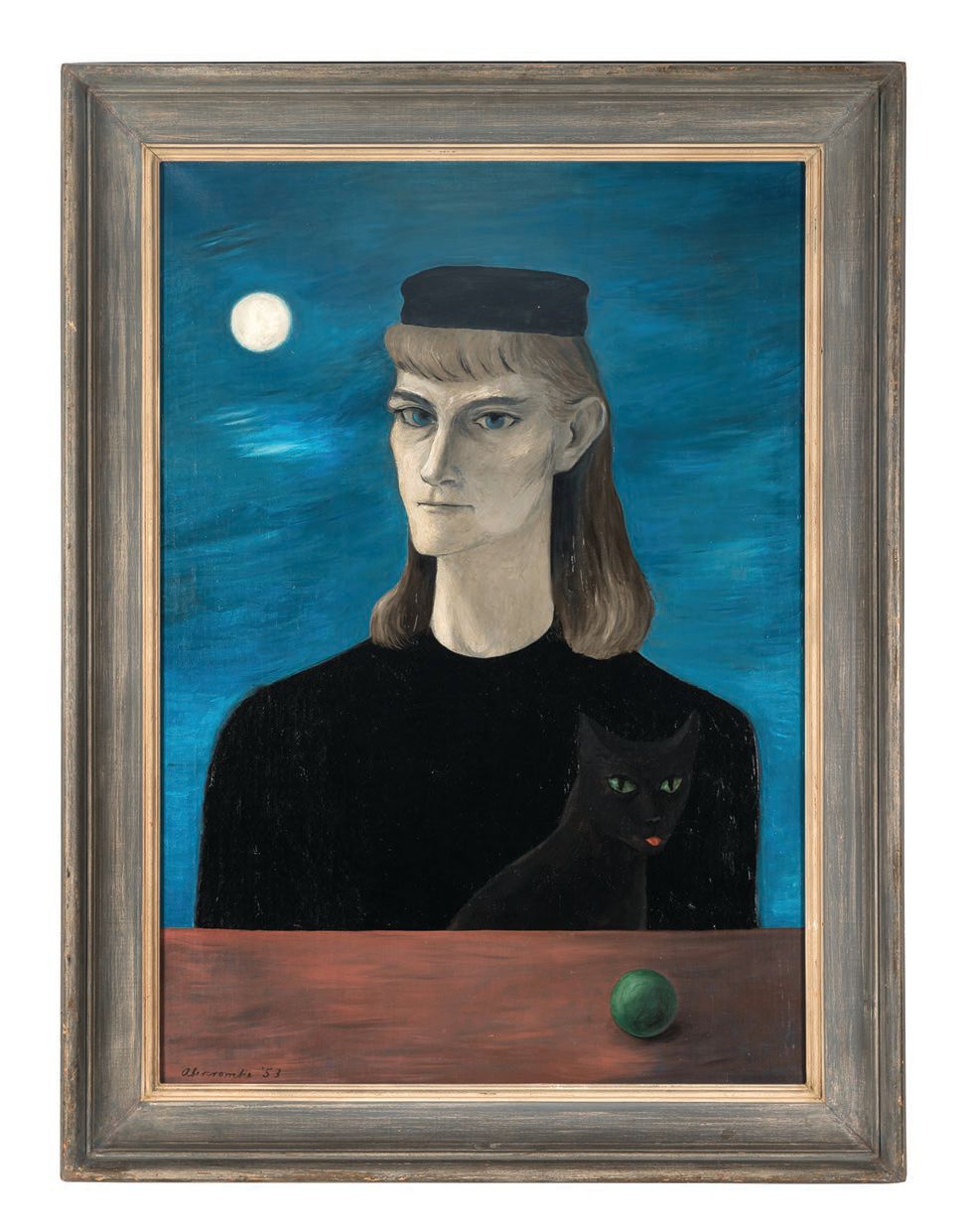 Gertrude Abercrombie, “Self and Cat (Possims)” (1953, oil on canvas), signed and dated by Abercrombie, 34 inches by 24 inches PHOTO COURTESY OF HINDMAN