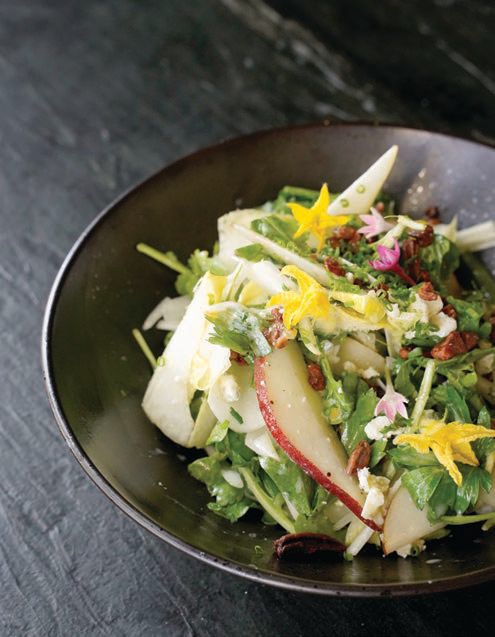 A tempting salad of endive and Esmee arugula with candied pecans and d’Anjou pears. PHOTO BY DAVE ABRAHAMSEN