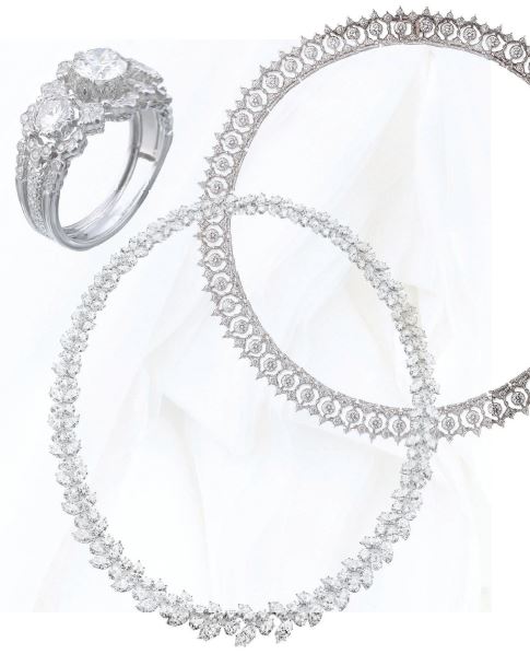 Clockwise from top left: Buccellati Romanza Bradamante white gold and diamond ring and necklace, buccellati.com; Harry Winston Cluster necklace featuring diamonds set in platinum, harrywinston.com. BACKGROUND PHOTO BY ALYSSA HURLEY/UNSPLASH; PRODUCT PHOTOS COURTESY OF BRANDS