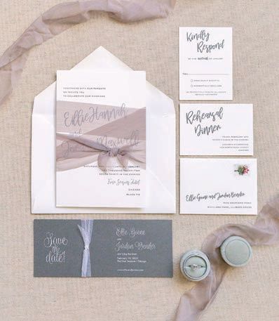 The bride sourced hand-dyed taupe silk ribbon from Etsy to wrap around invitations Photographed by Tim Tab Studios