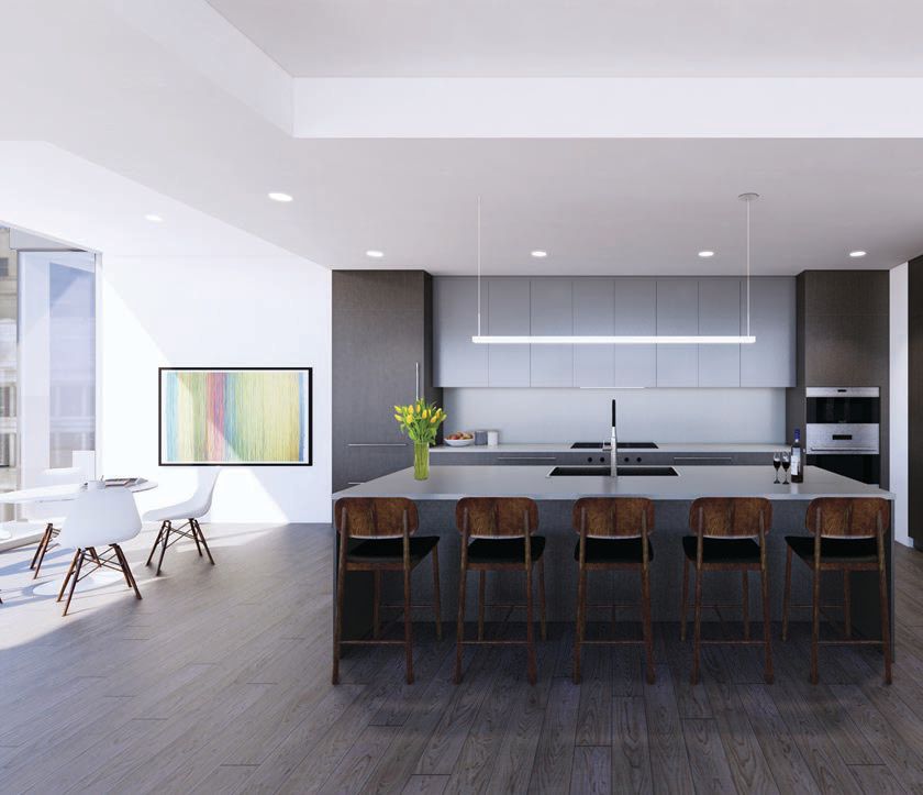 The kitchen spotlights the elegant modified open-concept design and an oversize island with seating fit for five. RENDERINGS COURTESY OF THOMAS ROSZAK ARCHITECTURE