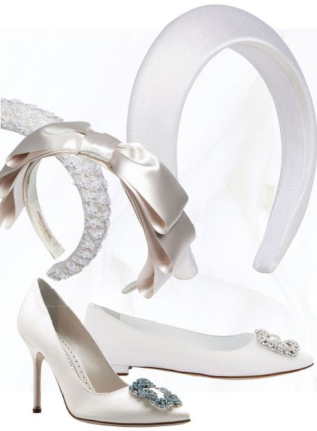 Clockwise from top left: Jennifer Behr Marzia headband in cream and Katya headband in ivory satin, jenniferbehr.com; Hill House Home Halo headband in white satin, hillhousehome.com; Manolo Blahnik Hangisi flat and Hangisi Bride pump in white satin with jewel buckle, manoloblahnik.com. BACKGROUND PHOTO BY ALYSSA HURLEY/UNSPLASH; PRODUCT PHOTOS COURTESY OF BRANDS
