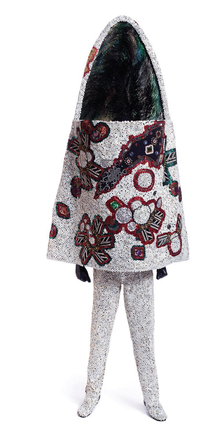 “Soundsuit” (2015, mixed media including wire and bugle beads, buttons, sequined appliqués, fabric, metal and mannequin), 99 inches by 25 inches by 20 inches
