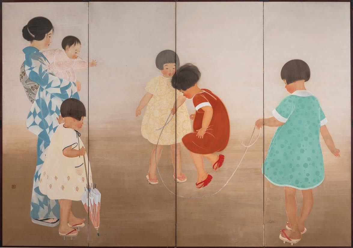 Itō Shinsui’s six-panel screen “Girls Jumping Rope,” on view now at Wrightwood 659 © PRIVATE COLLECTION/COURTESY OF WRIGHTWOOD 659