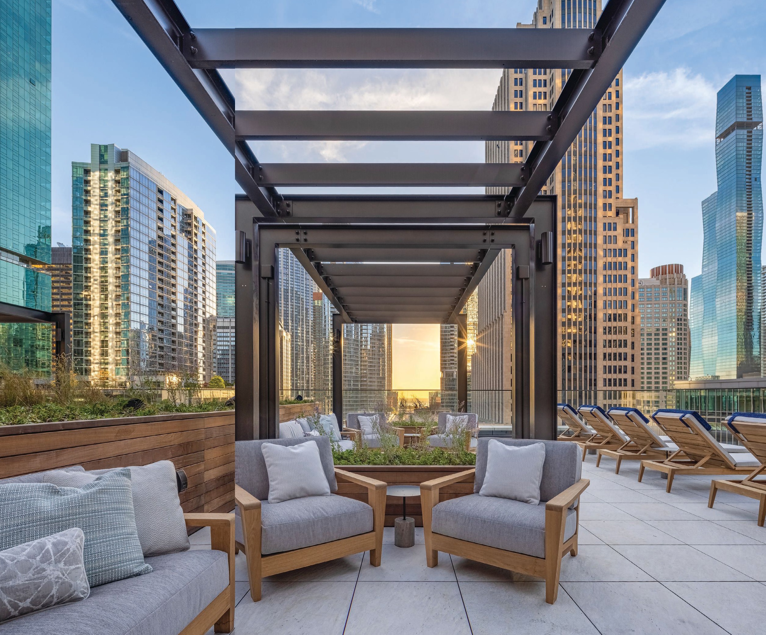 The seventh floor’s elevated outdoor terrace offers stunning views through the iconic Chicago Tribune sign.