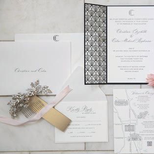 Invitations featured an art deco black gatefold over a letterpress card and a custom map of Chicago.  Photographed by Collin Pierson Photography