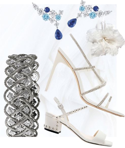 Clockwise from top: Harry Winston Sparkling Cluster sapphire, aquamarine and diamond earrings, harrywinston.com; Jennifer Behr Milana Orchid hairpin in Champagne, jenniferbehr.com; Cult Gaia Sandra embellished leather slingback sandal, cultgaia.com; Jimmy Choo Aadra ankle-strap sandal with dome studs and pearls, jimmychoo.com; Buccellati 18K white gold bracelet, buccellati.com. BACKGROUND PHOTO BY ALYSSA HURLEY/UNSPLASH; PRODUCT PHOTOS COURTESY OF BRANDS