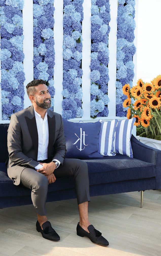 HMR Designs CEO Rishi Patel on-site for a wedding at Chatham Bars Inn in Cape Cod, the install for which included more than 25,000 blue hydrangeas and a chic, sunflower-centric cocktail hour PHOTO BY: EMMA KUSKE
