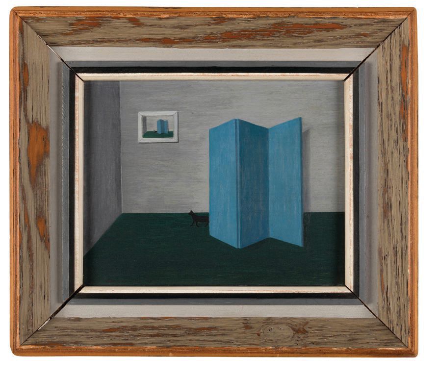 “Blue Screen” (1945, oil on Masonite), signed and dated by Abercrombie, 8 inches by 10 inches. PHOTO COURTESY OF HINDMAN