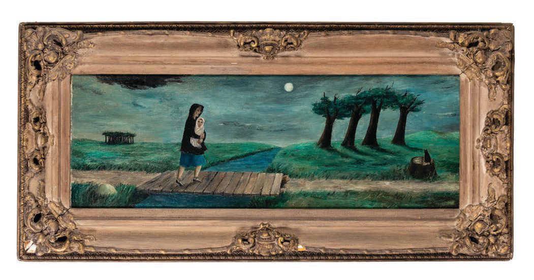 “Dinah Enters the Landscape” (1943, oil on Masonite), signed and dated by Abercrombie, 12 inches by 33 3/4 inches PHOTO COURTESY OF HINDMAN
