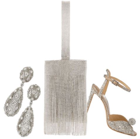 From left: Buccellati earrings, buccellati.com; Cult Gaia Farah silver embellished fringed satin clutch, cultgaia.com; Jimmy Choo Sacora 100 heel in shimmer suede with crystal sphere, jimmychoo.com. PHOTOS COURTESY OF BRANDS