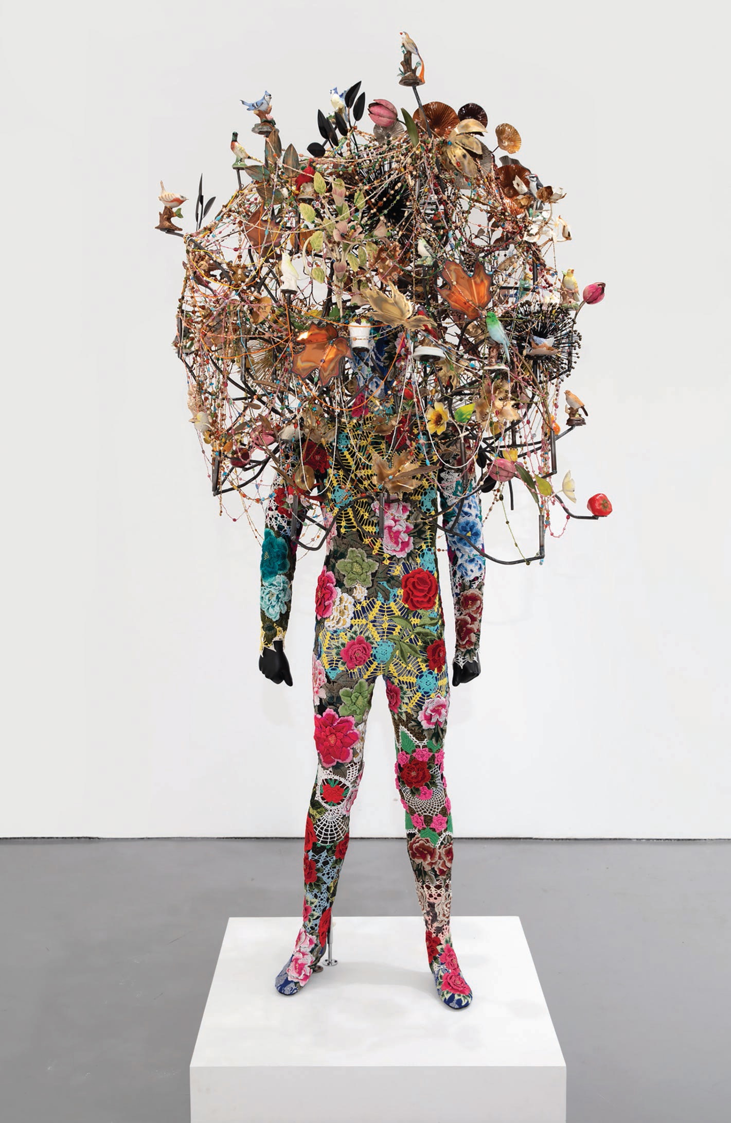 “Soundsuit” (2021, mixed media including vintage ceramic birds, wire, beads, fabric, metal and mannequin), 98 1/₂ inches by 48 inches by 48 inches