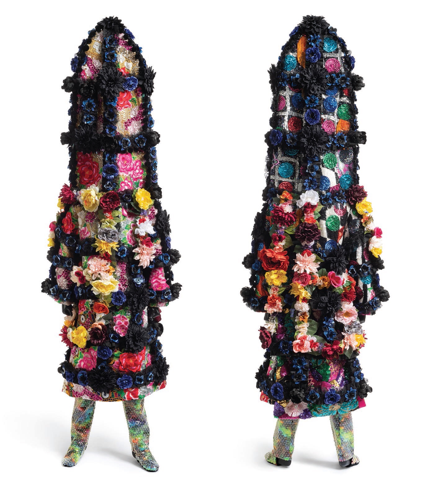 “Soundsuit 8:46” (2021, mixed media including vintage textile and sequined appliqués, metal and mannequin), 102 inches by 29 inches by 29 inches PHOTO COURTESY OF THE ARTIST AND JACK SHAINMAN GALLERY, NEW YORK