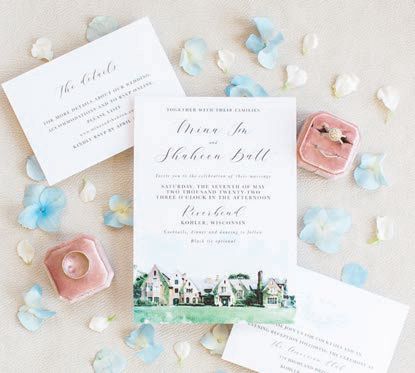 Invitations had a watercolor painting of the venue. Photographed by Rachael Kazmier Photography